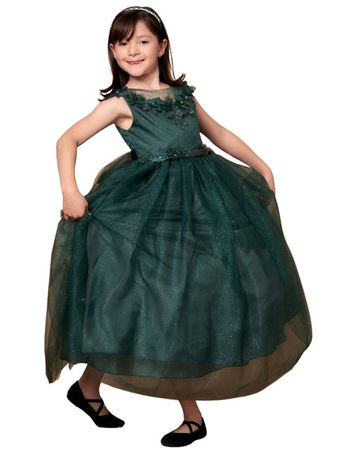 Little Girls Hunter Green Illusion Neckline Floral Applique Glitter Tulle Dress 2-6 - SophiasStyle.com